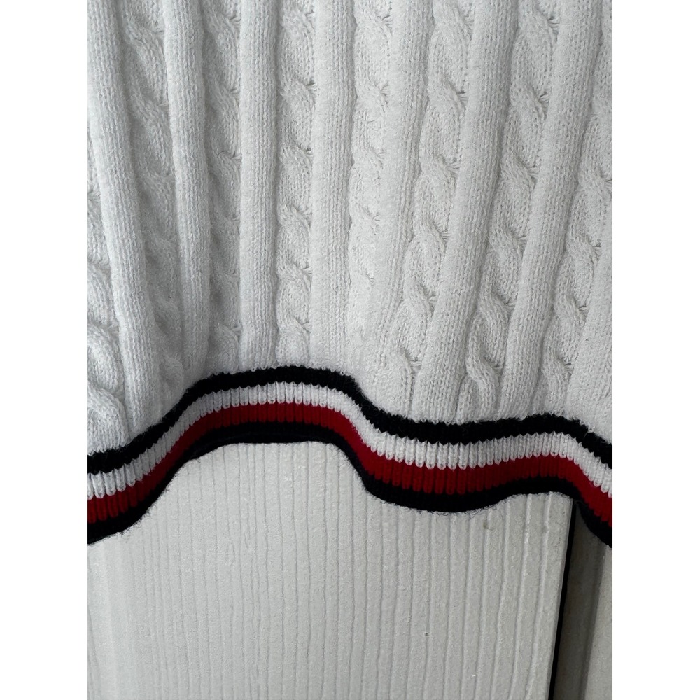 White Cable Knit V-Neck Cotton Sweater Striped Trim Tommy Hilfiger XL Preppy - Picture 6 of 7